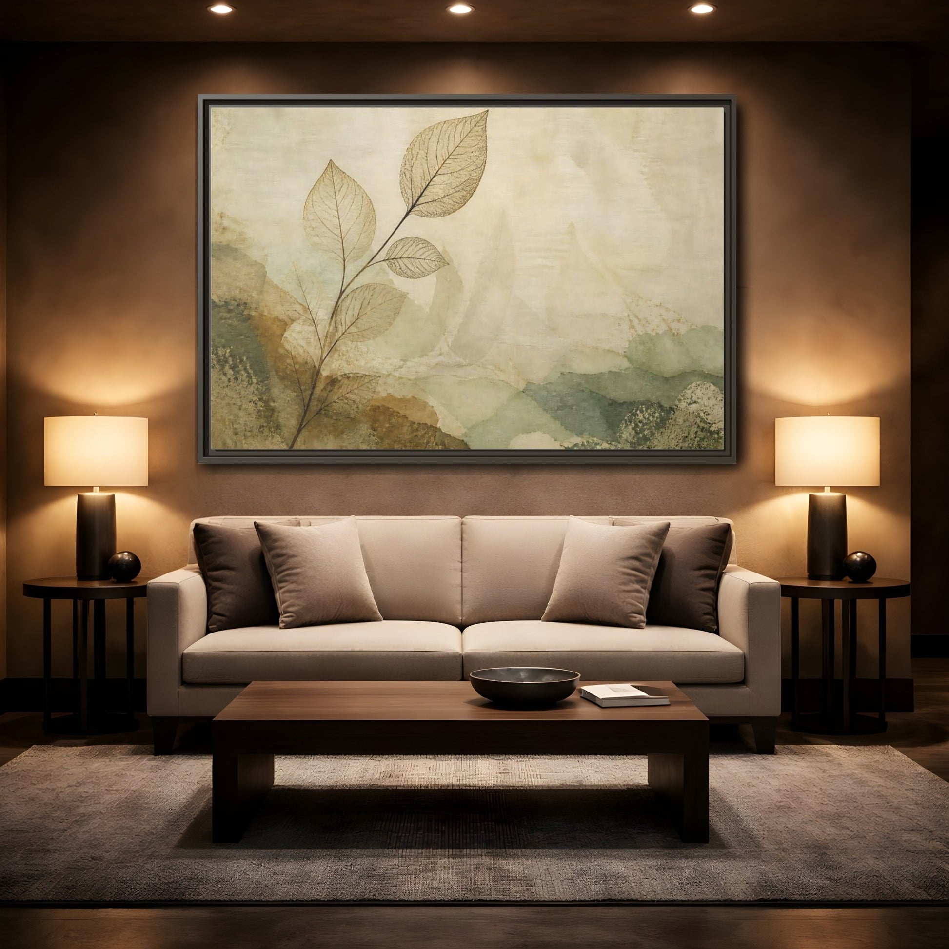 Mockup 2. Faded Leaf On Linen shown as framed canvas print