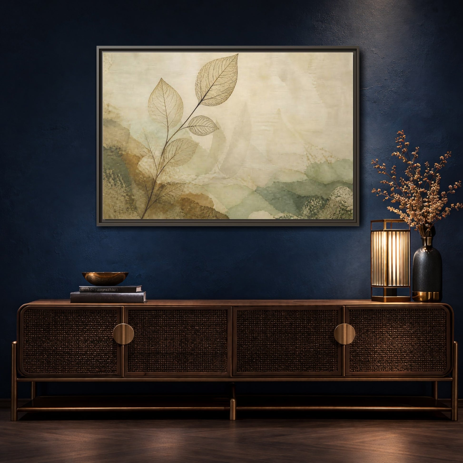 Mockup 4. Faded Leaf On Linen shown as framed canvas print