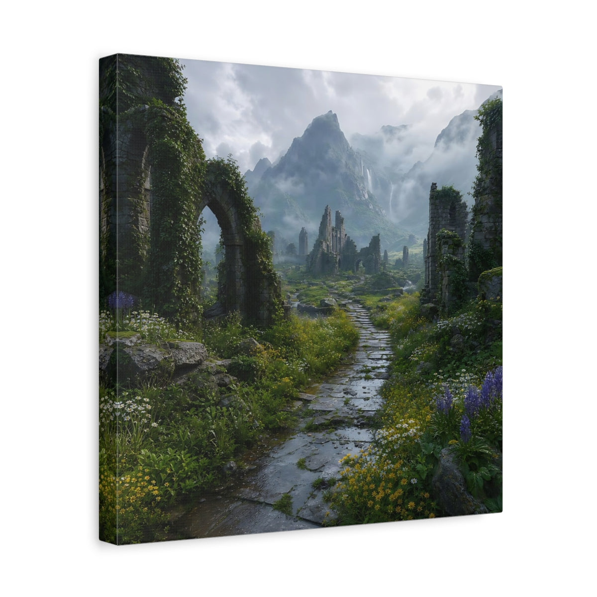 Side Mockup 7. Fairytale Ancient Ruins Misty Ruins shown as stretched canvas wall art
