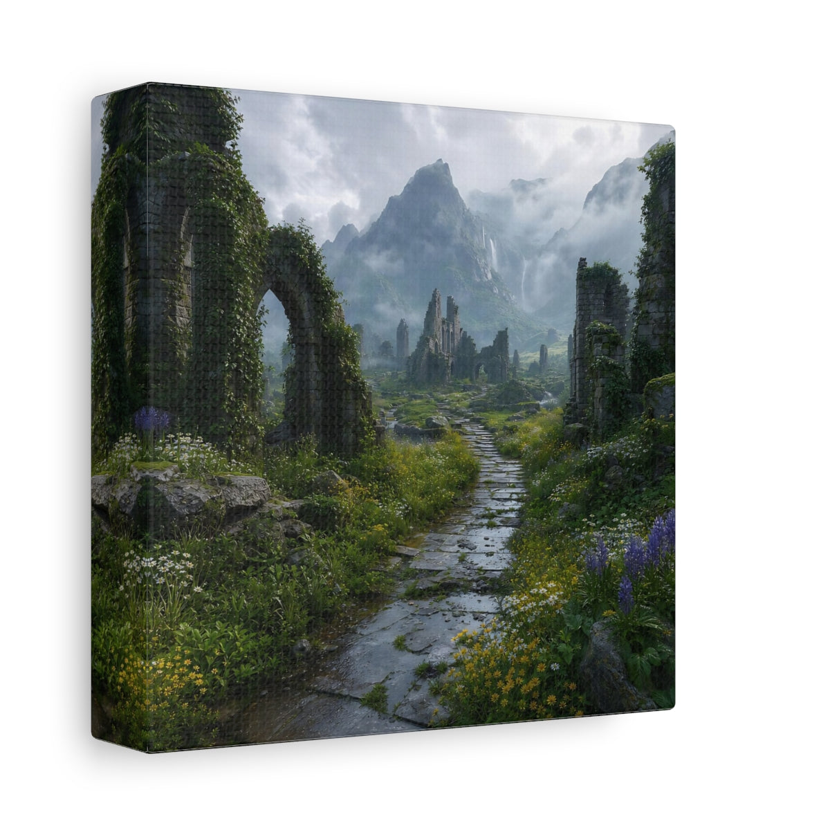 Side Mockup 2. Fairytale Ancient Ruins Misty Ruins shown as stretched canvas wall art