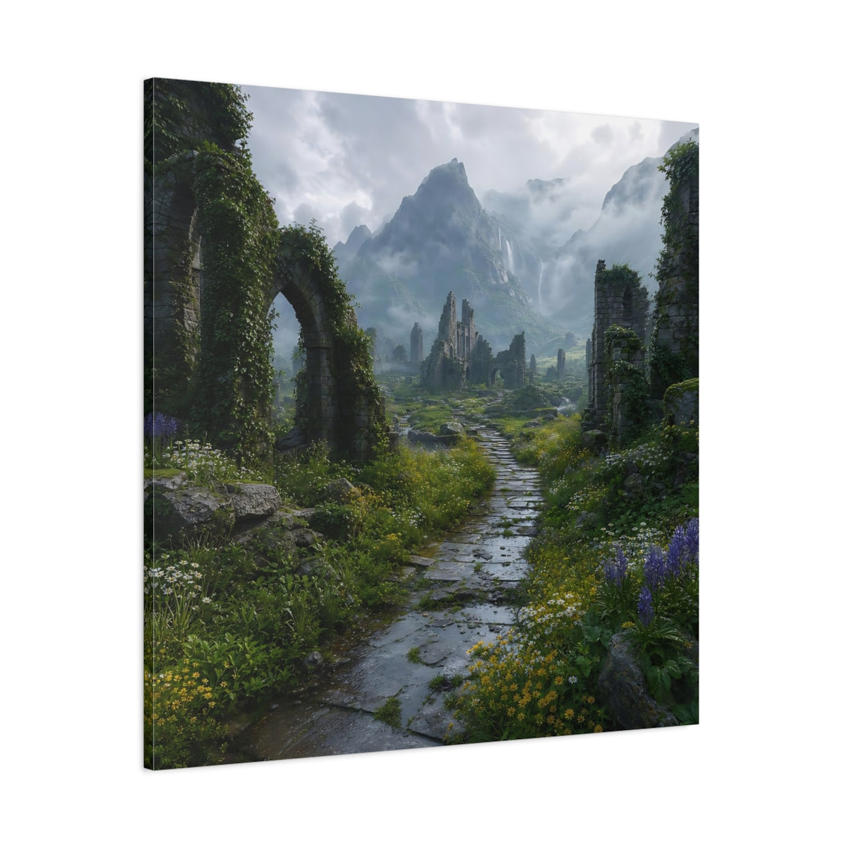 Side Mockup 1. Fairytale Ancient Ruins Misty Ruins shown as stretched canvas wall art