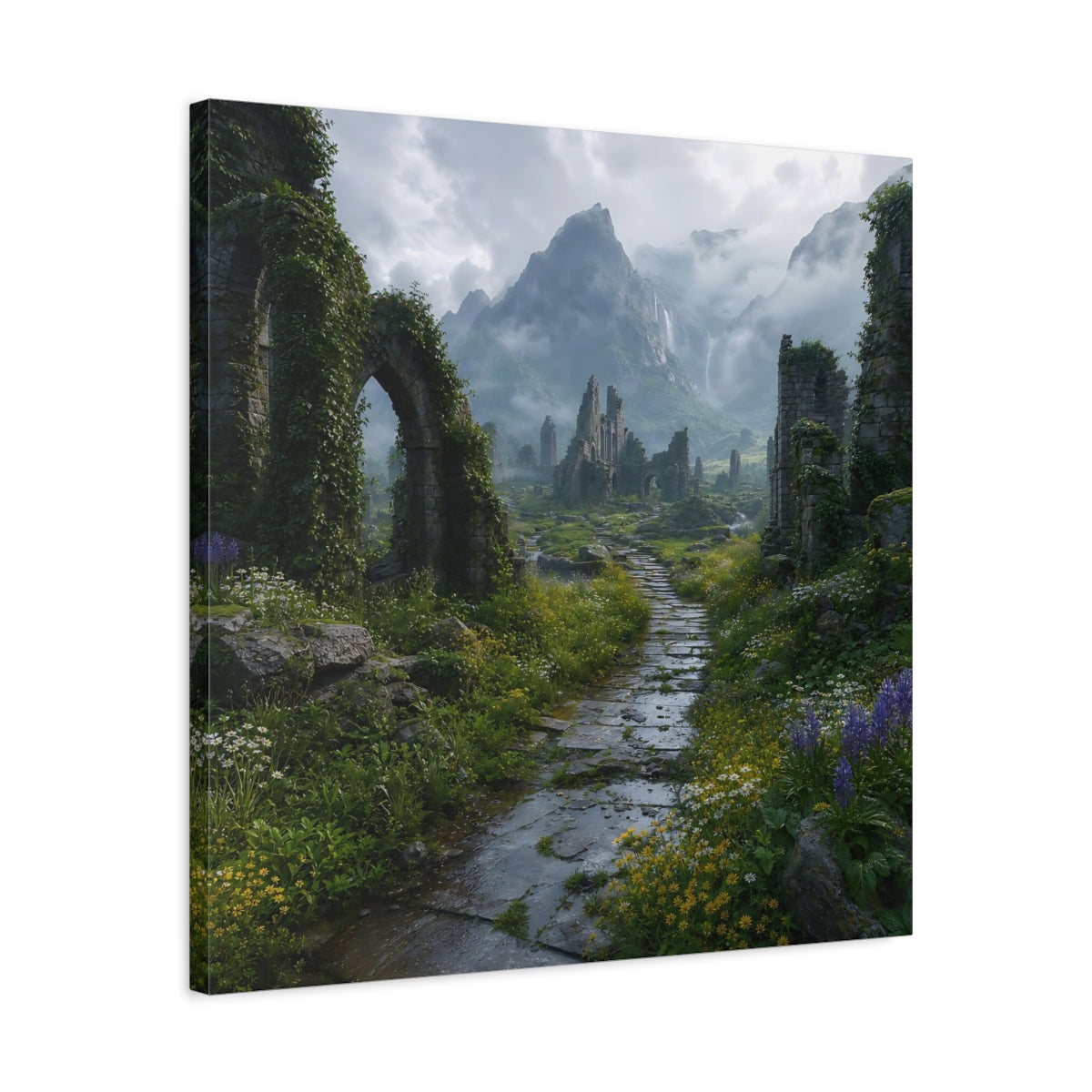 Side Mockup 4. Fairytale Ancient Ruins Misty Ruins shown as stretched canvas wall art