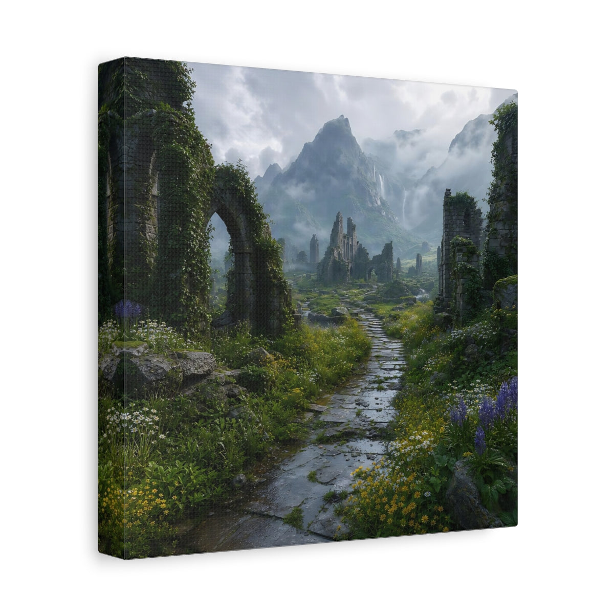 Side Mockup 9. Fairytale Ancient Ruins Misty Ruins shown as stretched canvas wall art