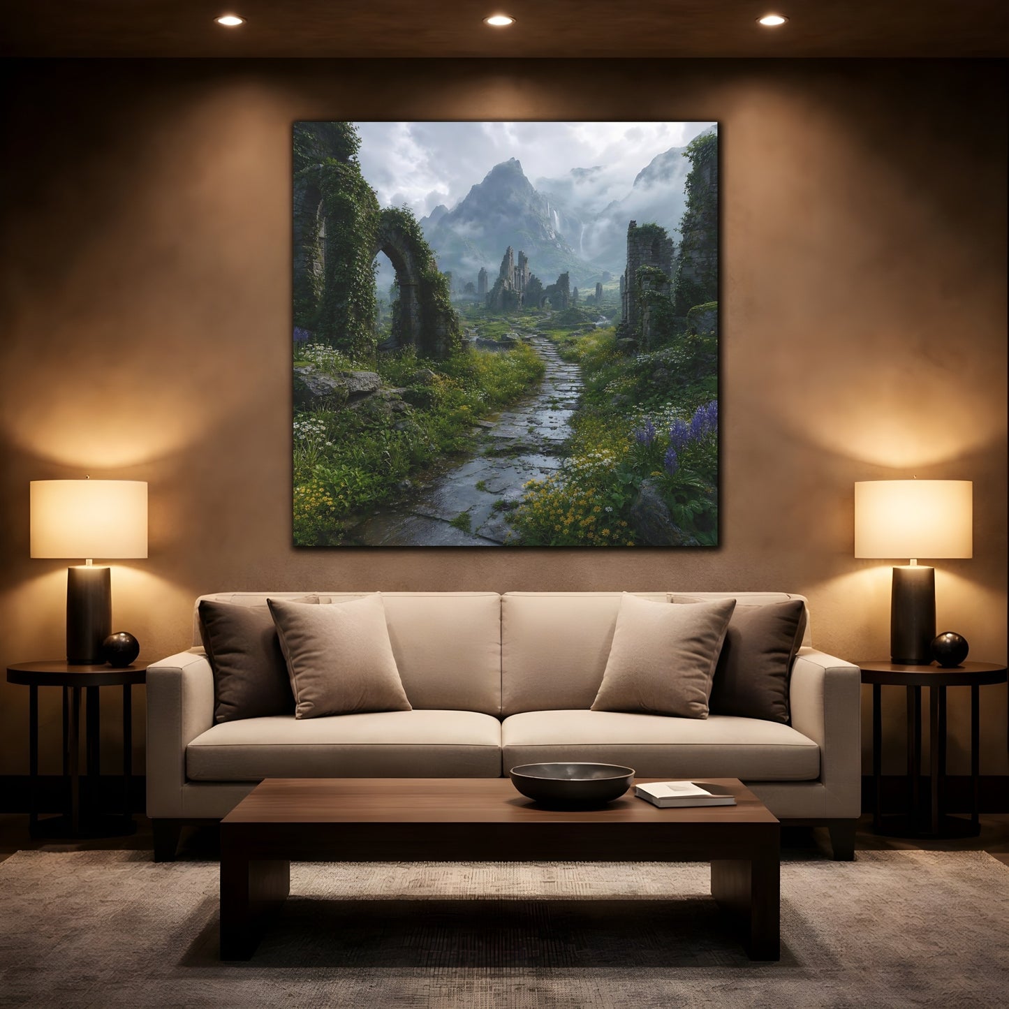 Mockup 2. Fairytale Ancient Ruins Misty Ruins shown as stretched canvas wall art