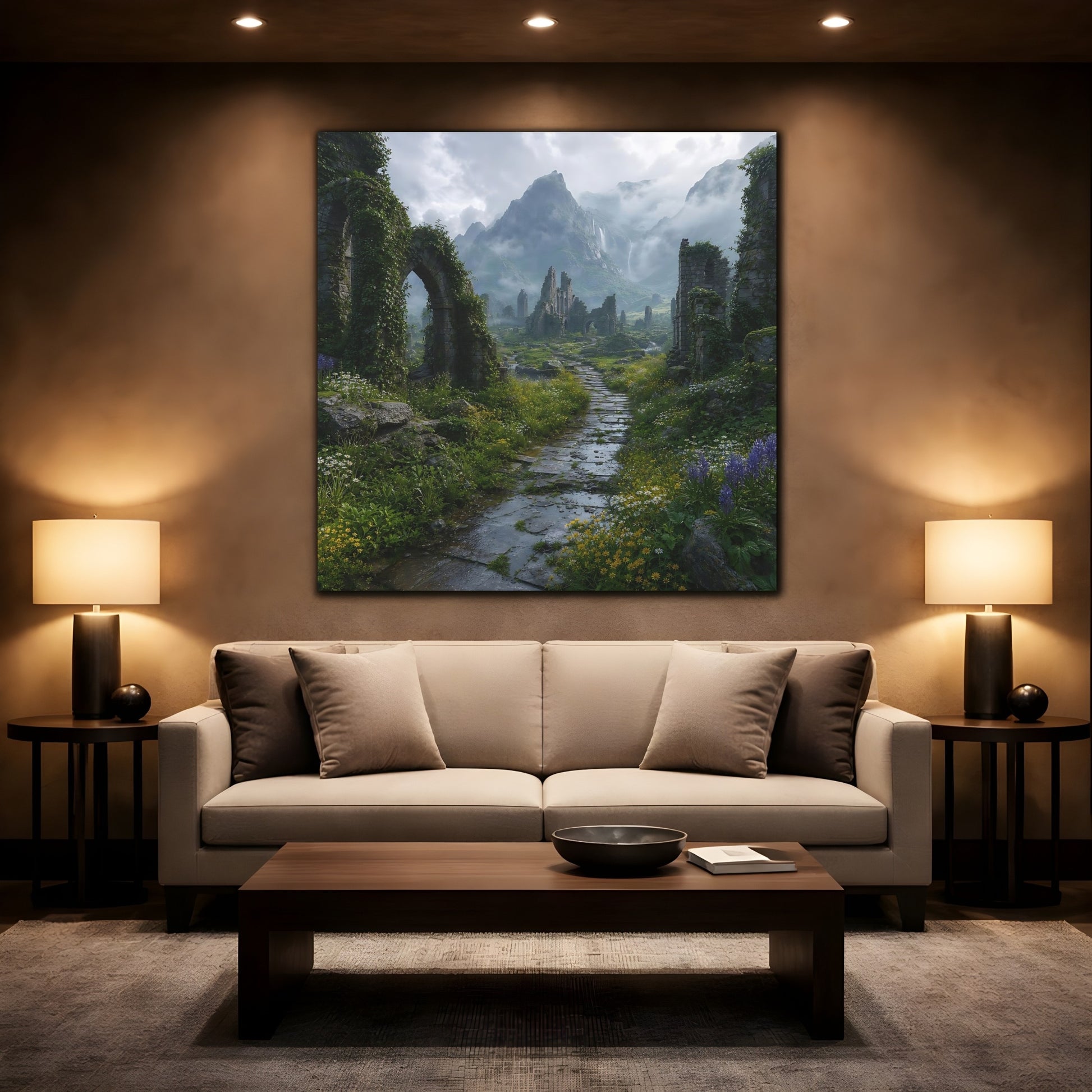 Mockup 2. Fairytale Ancient Ruins Misty Ruins shown as stretched canvas wall art