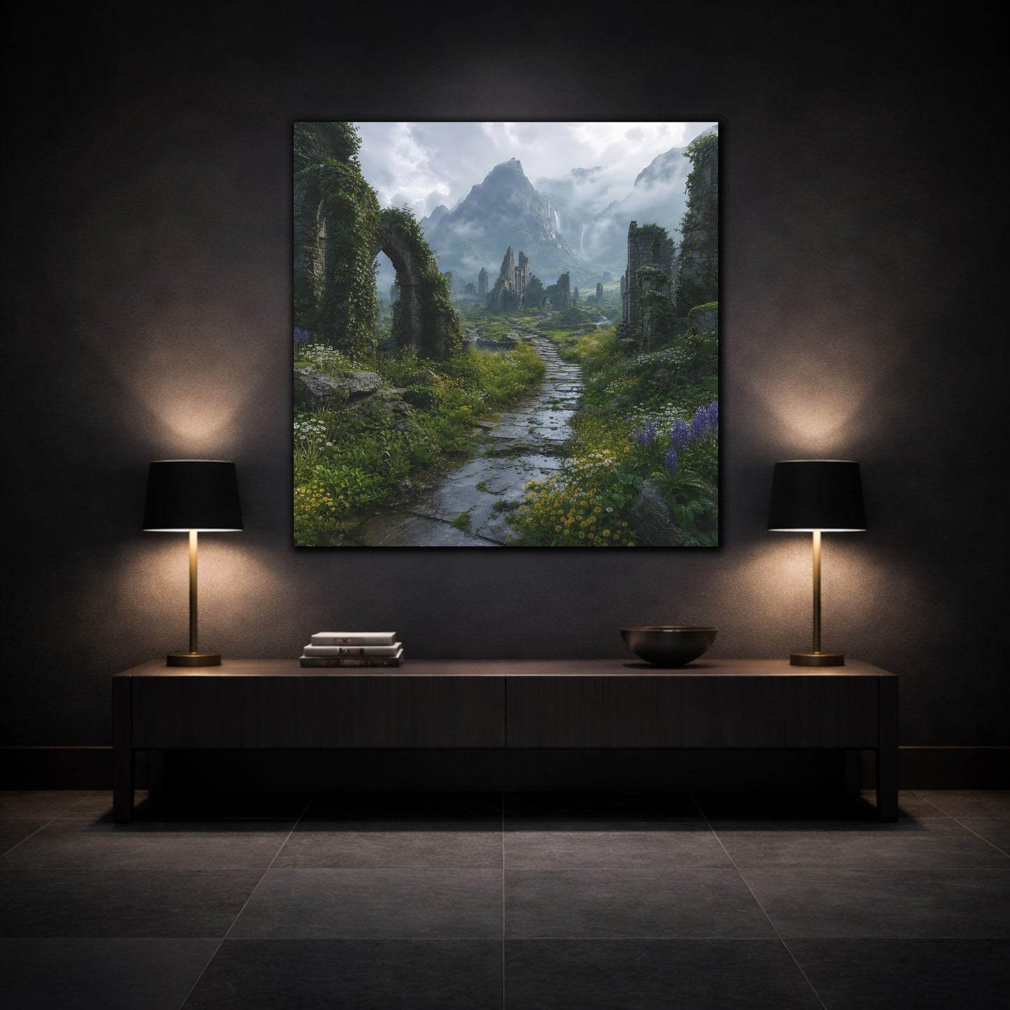 Mockup 3. Fairytale Ancient Ruins Misty Ruins shown as stretched canvas wall art