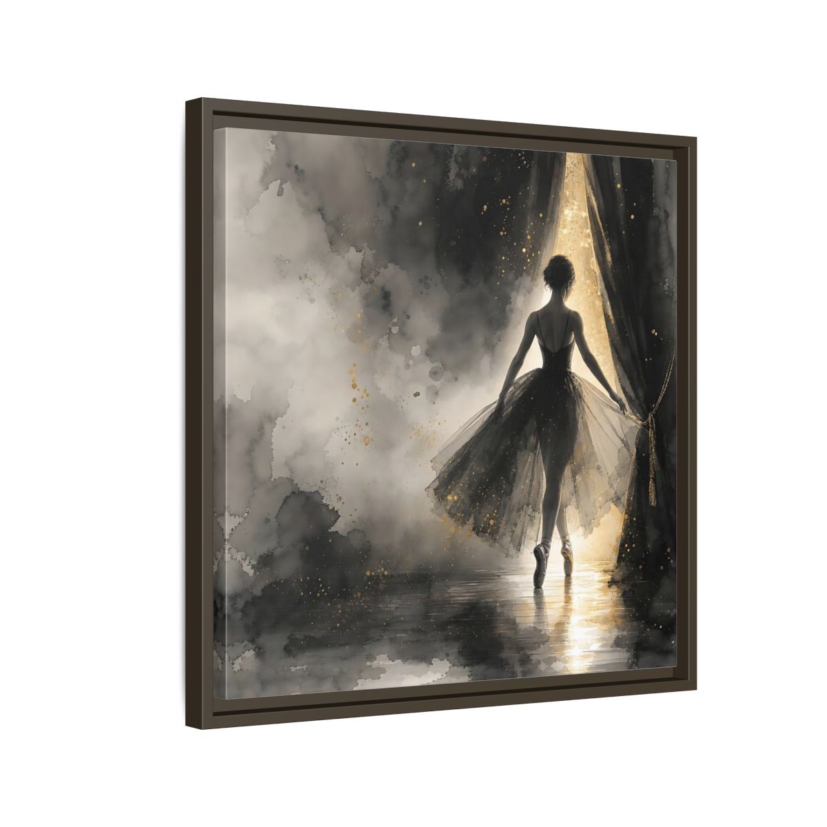 Side Mockup 11. Fairytale Ballerina Black And Gold shown as framed canvas print