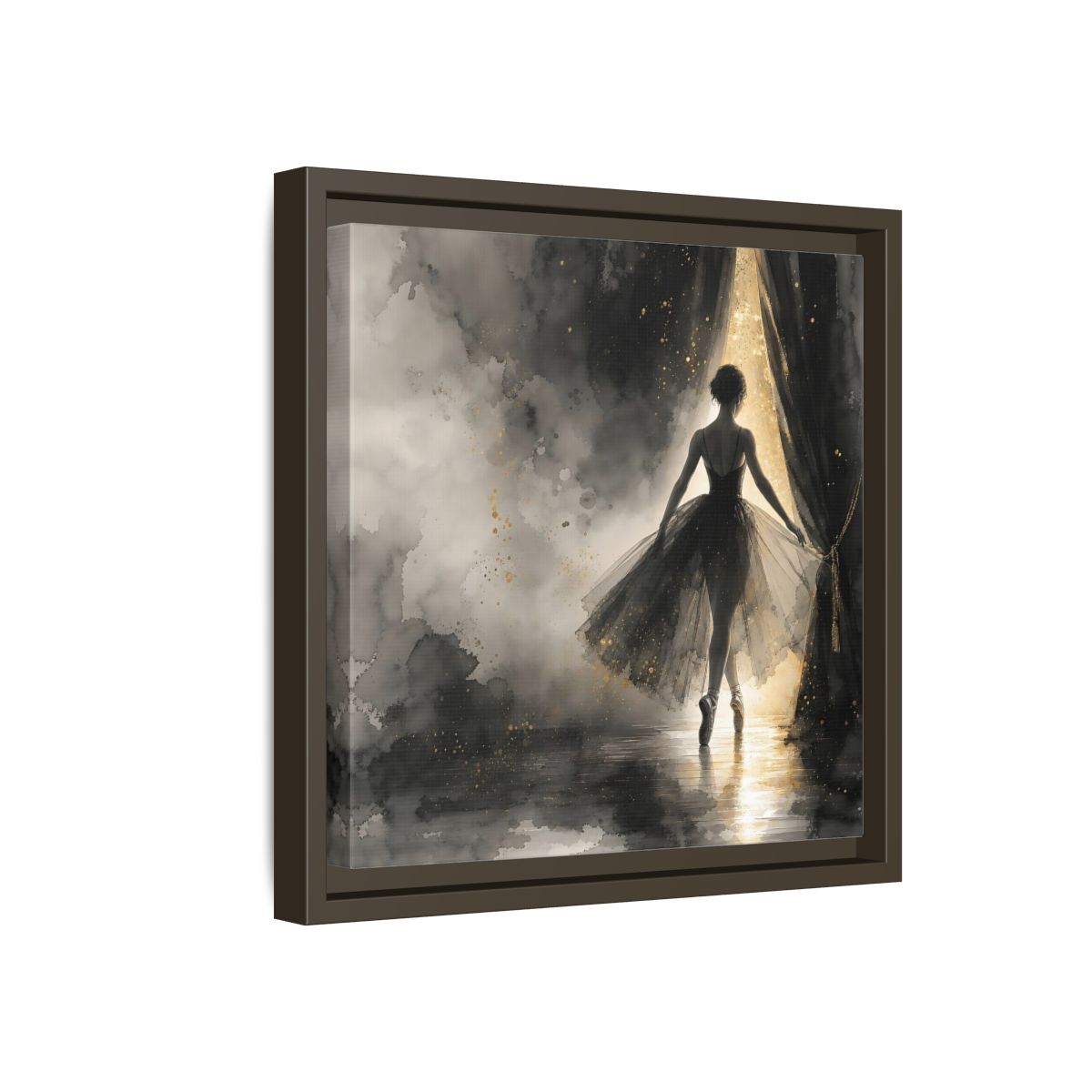 Side Mockup 17. Fairytale Ballerina Black And Gold shown as framed canvas print