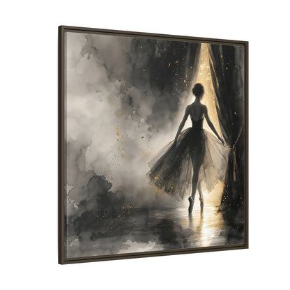 Side Mockup 5. Fairytale Ballerina Black And Gold shown as framed canvas print