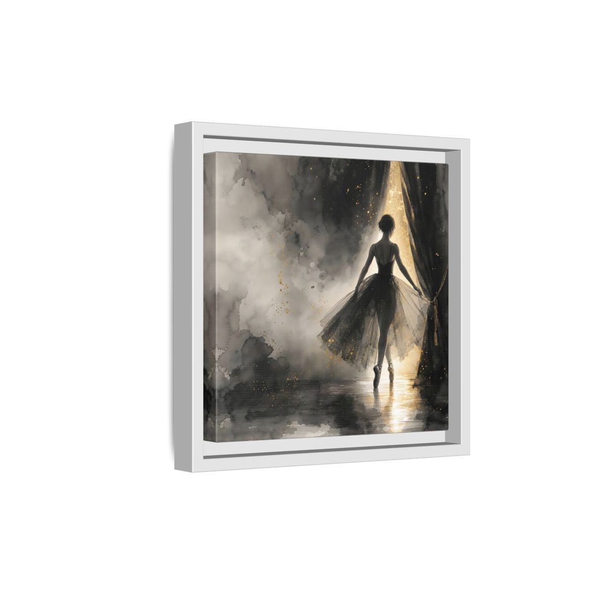 Side Mockup 19. Fairytale Ballerina Black And Gold shown as framed canvas print
