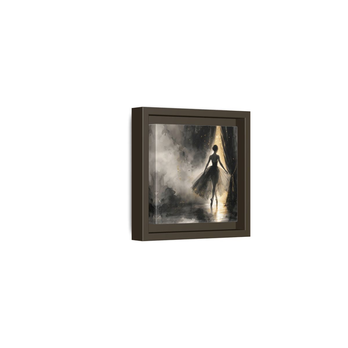 Side Mockup 23. Fairytale Ballerina Black And Gold shown as framed canvas print