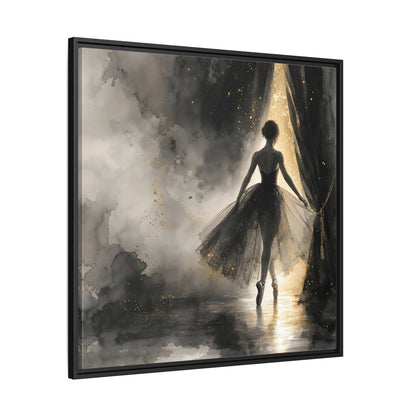 Side Mockup 30. Fairytale Ballerina Black And Gold shown as framed canvas print
