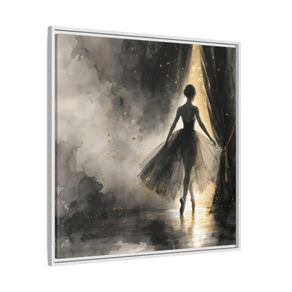 Side Mockup 25. Fairytale Ballerina Black And Gold shown as framed canvas print