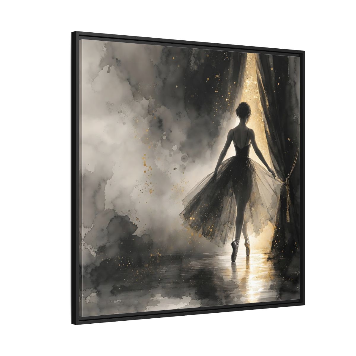 Side Mockup 6. Fairytale Ballerina Black And Gold shown as framed canvas print