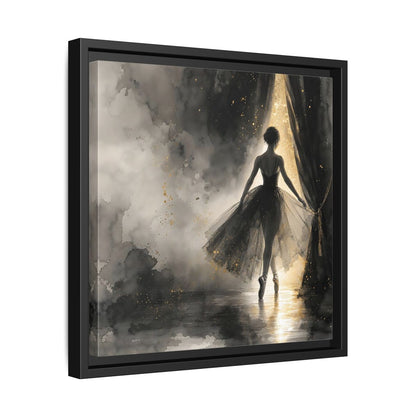 Side Mockup 32. Fairytale Ballerina Black And Gold shown as framed canvas print