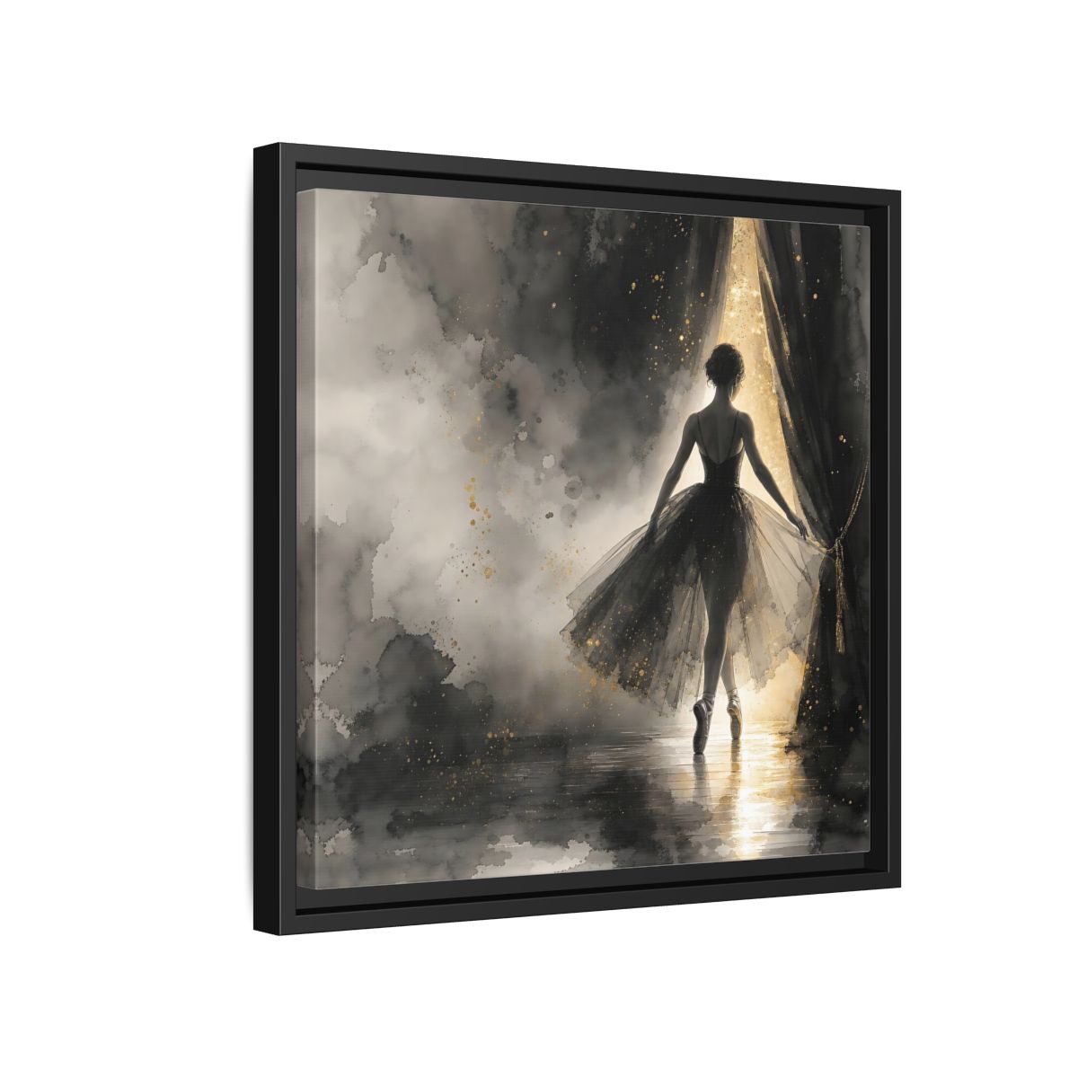 Side Mockup 15. Fairytale Ballerina Black And Gold shown as framed canvas print