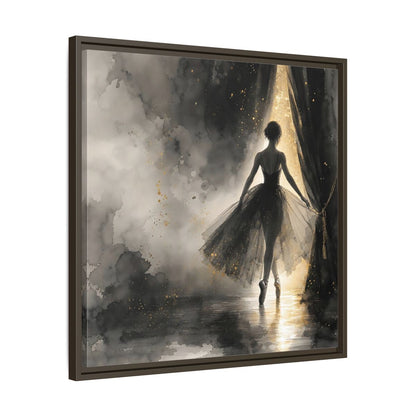 Side Mockup 27. Fairytale Ballerina Black And Gold shown as framed canvas print