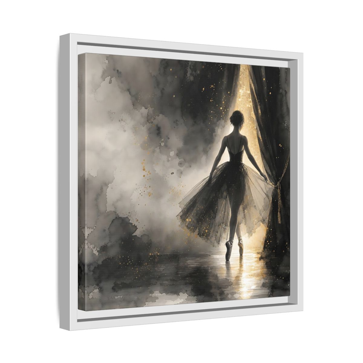 Side Mockup 28. Fairytale Ballerina Black And Gold shown as framed canvas print