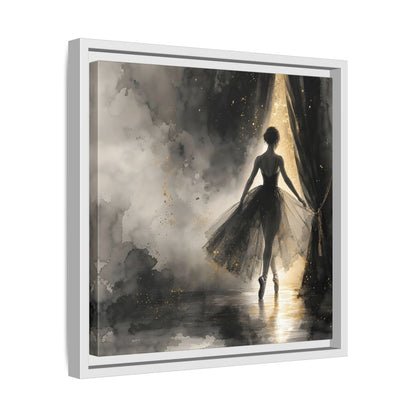 Side Mockup 28. Fairytale Ballerina Black And Gold shown as framed canvas print
