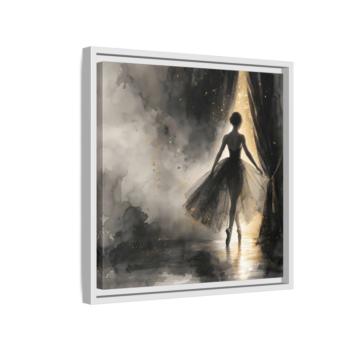 Side Mockup 13. Fairytale Ballerina Black And Gold shown as framed canvas print