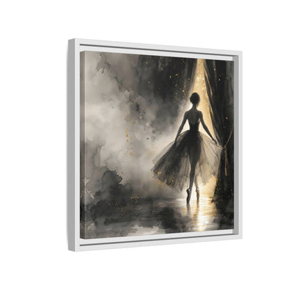 Side Mockup 13. Fairytale Ballerina Black And Gold shown as framed canvas print