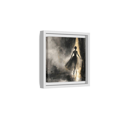 Side Mockup 1. Fairytale Ballerina Black And Gold shown as framed canvas print