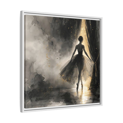 Side Mockup 26. Fairytale Ballerina Black And Gold shown as framed canvas print