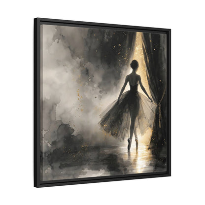 Side Mockup 31. Fairytale Ballerina Black And Gold shown as framed canvas print