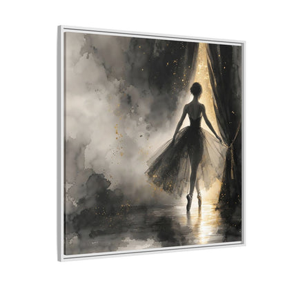 Side Mockup 4. Fairytale Ballerina Black And Gold shown as framed canvas print