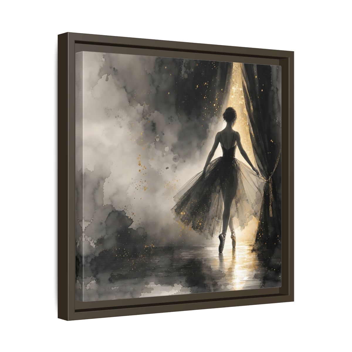 Side Mockup 29. Fairytale Ballerina Black And Gold shown as framed canvas print