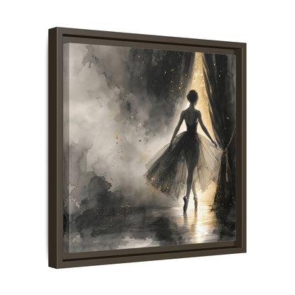 Side Mockup 29. Fairytale Ballerina Black And Gold shown as framed canvas print