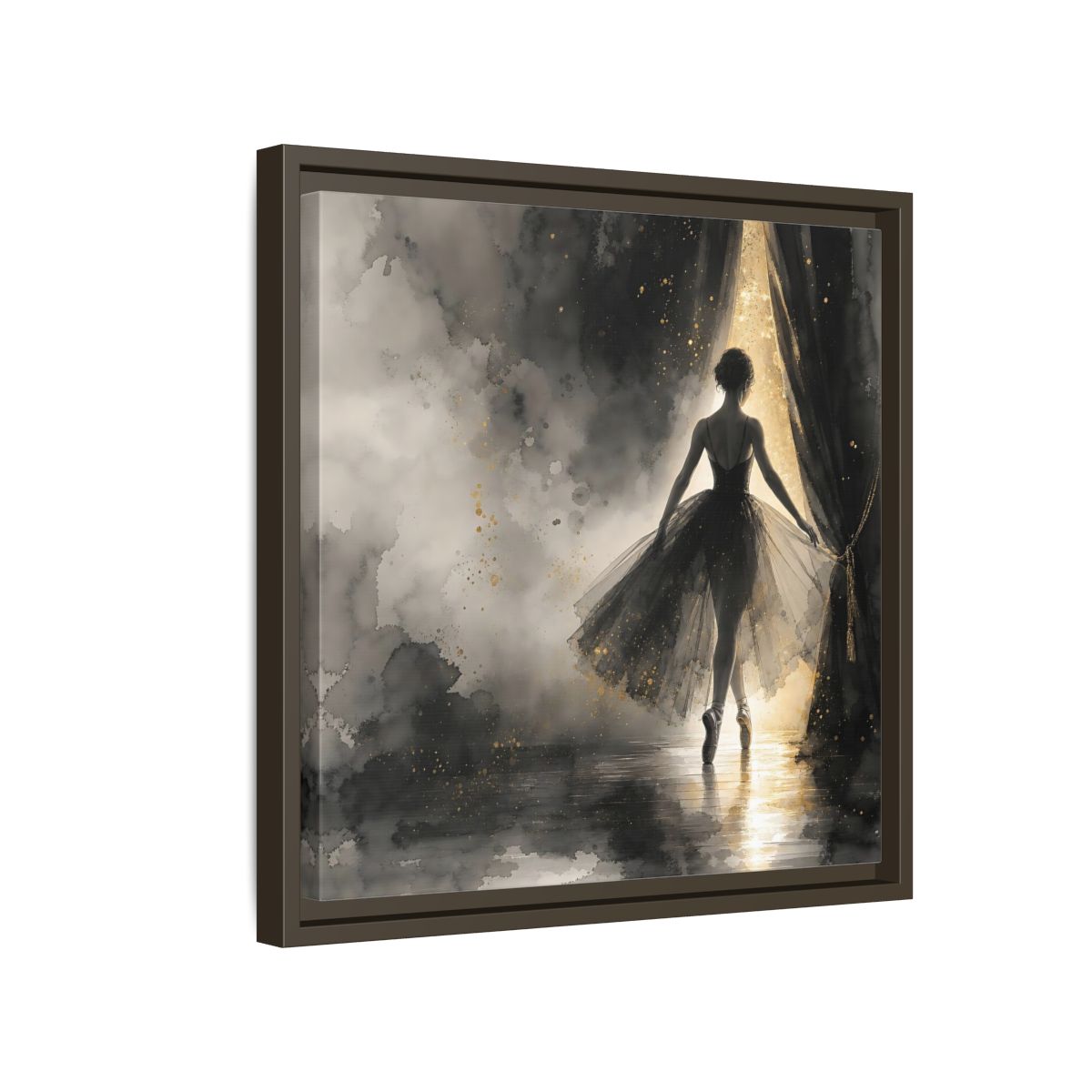 Side Mockup 14. Fairytale Ballerina Black And Gold shown as framed canvas print