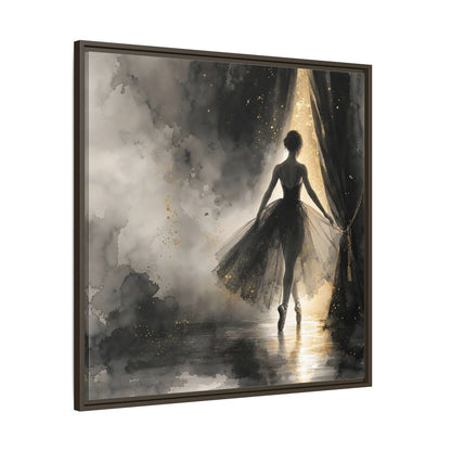 Main Mockup. Fairytale Ballerina Black And Gold shown as framed canvas print