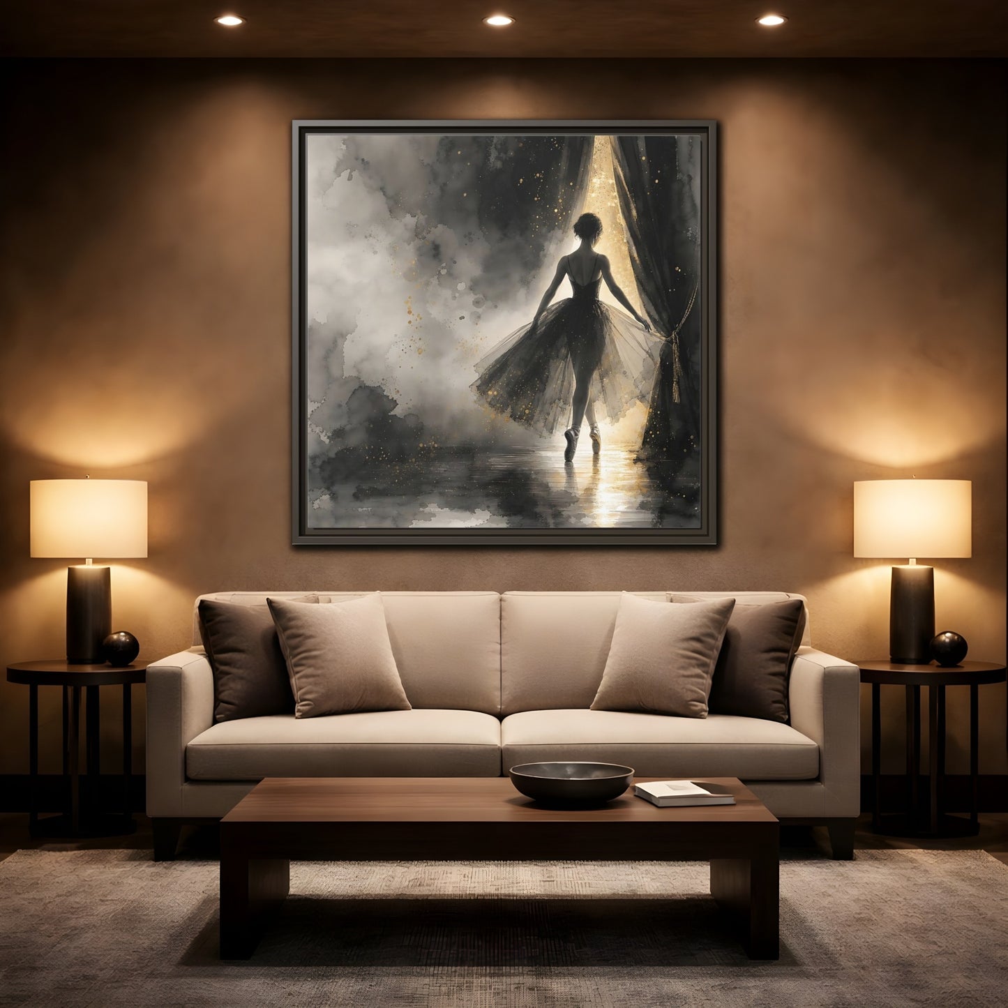 Mockup 2. Fairytale Ballerina Black And Gold shown as framed canvas print