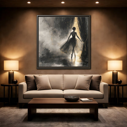 Mockup 2. Fairytale Ballerina Black And Gold shown as framed canvas print