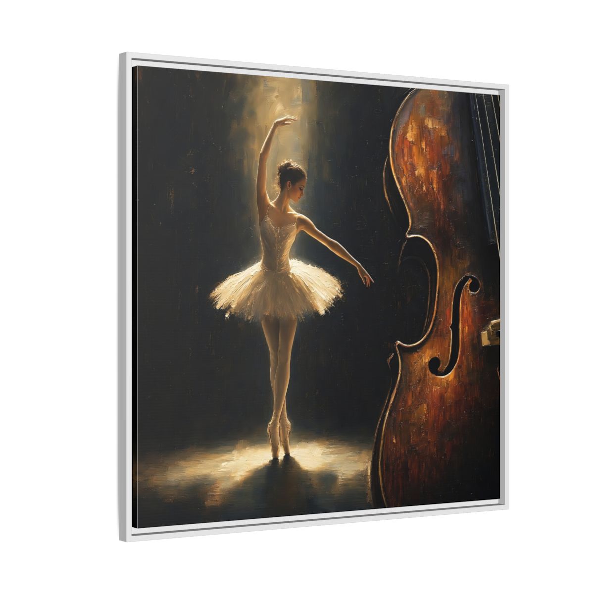 Side Mockup 4. Fairytale Ballerina Brown And Gold shown as framed canvas print