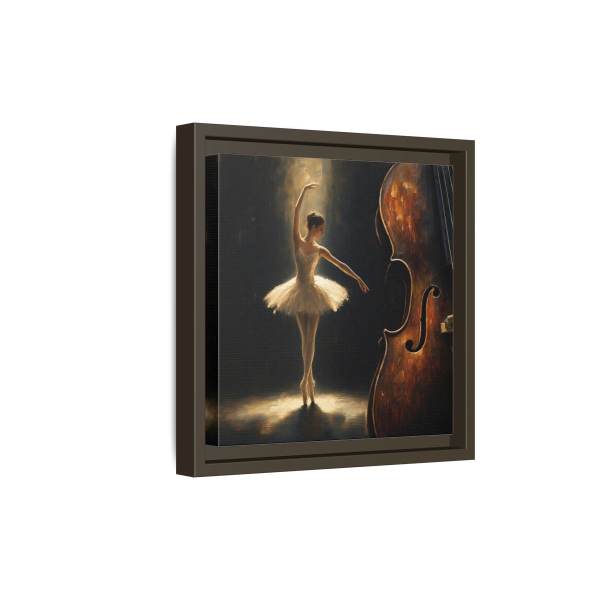 Side Mockup 20. Fairytale Ballerina Brown And Gold shown as framed canvas print