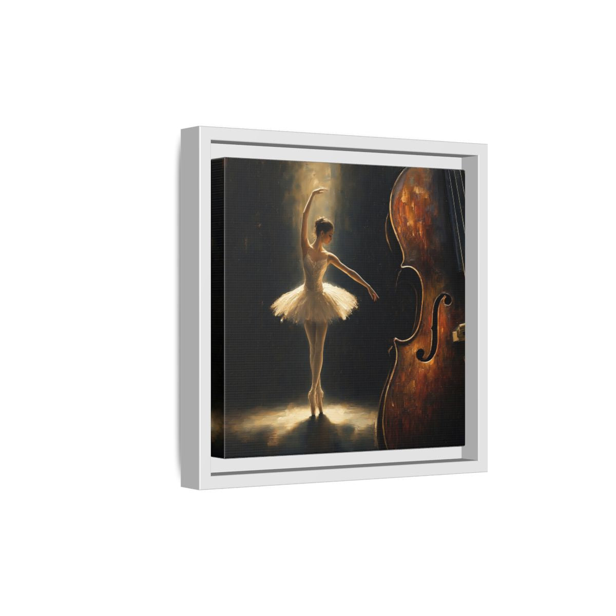 Side Mockup 19. Fairytale Ballerina Brown And Gold shown as framed canvas print