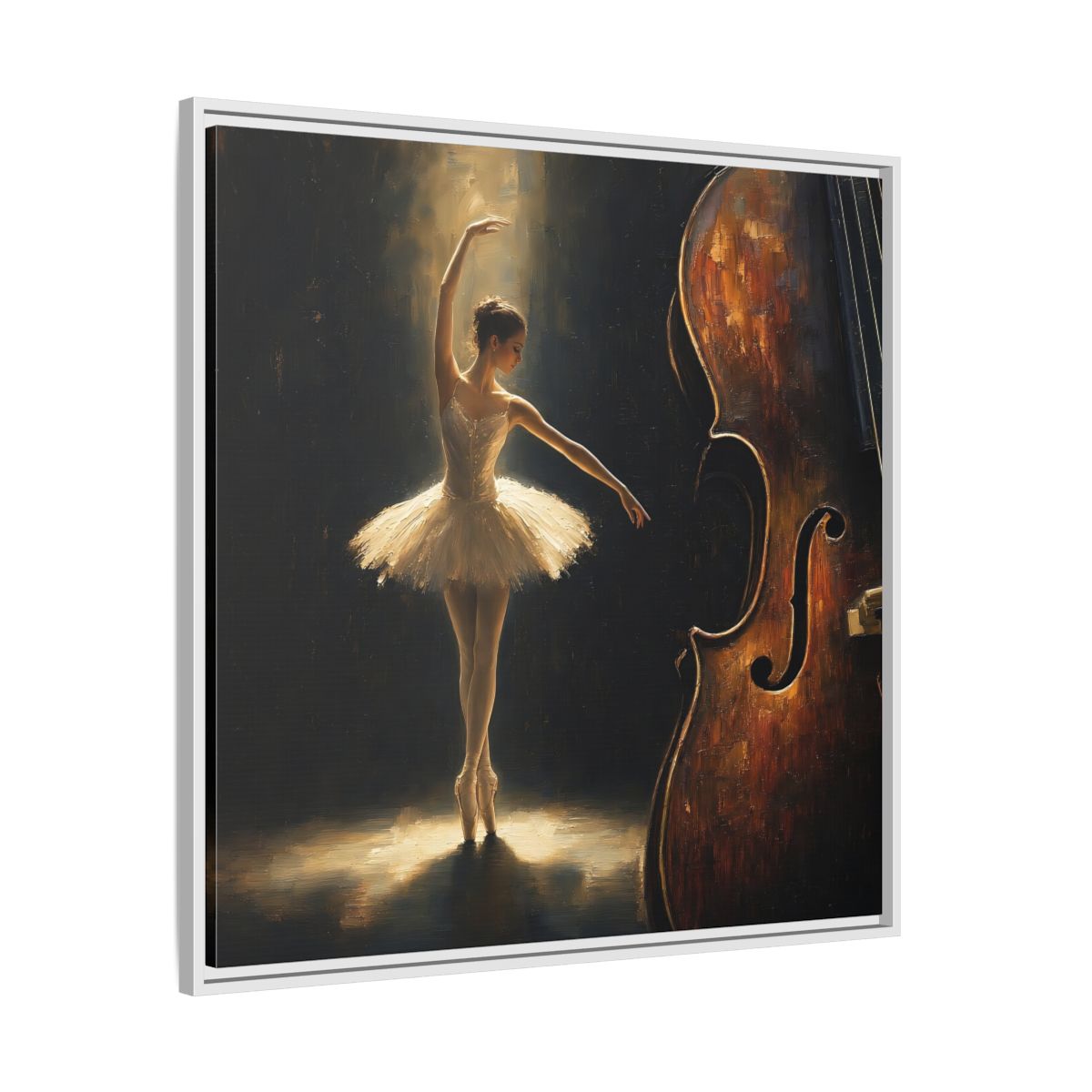 Side Mockup 25. Fairytale Ballerina Brown And Gold shown as framed canvas print