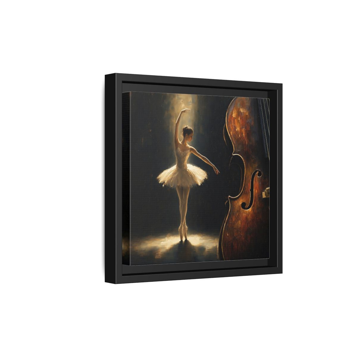 Side Mockup 21. Fairytale Ballerina Brown And Gold shown as framed canvas print