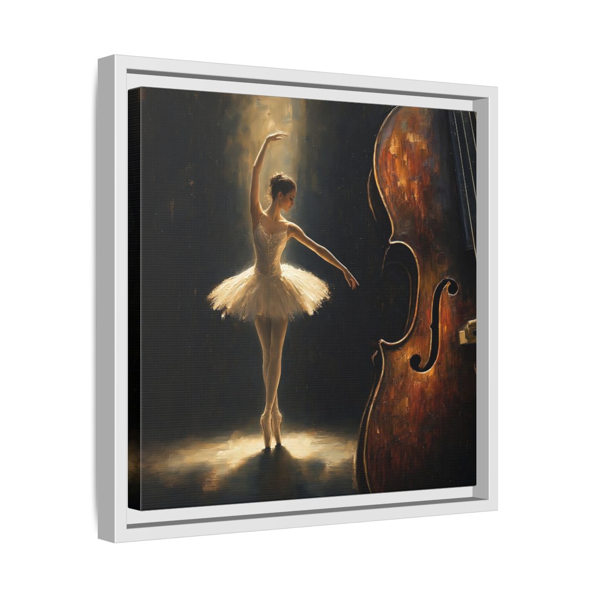 Side Mockup 28. Fairytale Ballerina Brown And Gold shown as framed canvas print