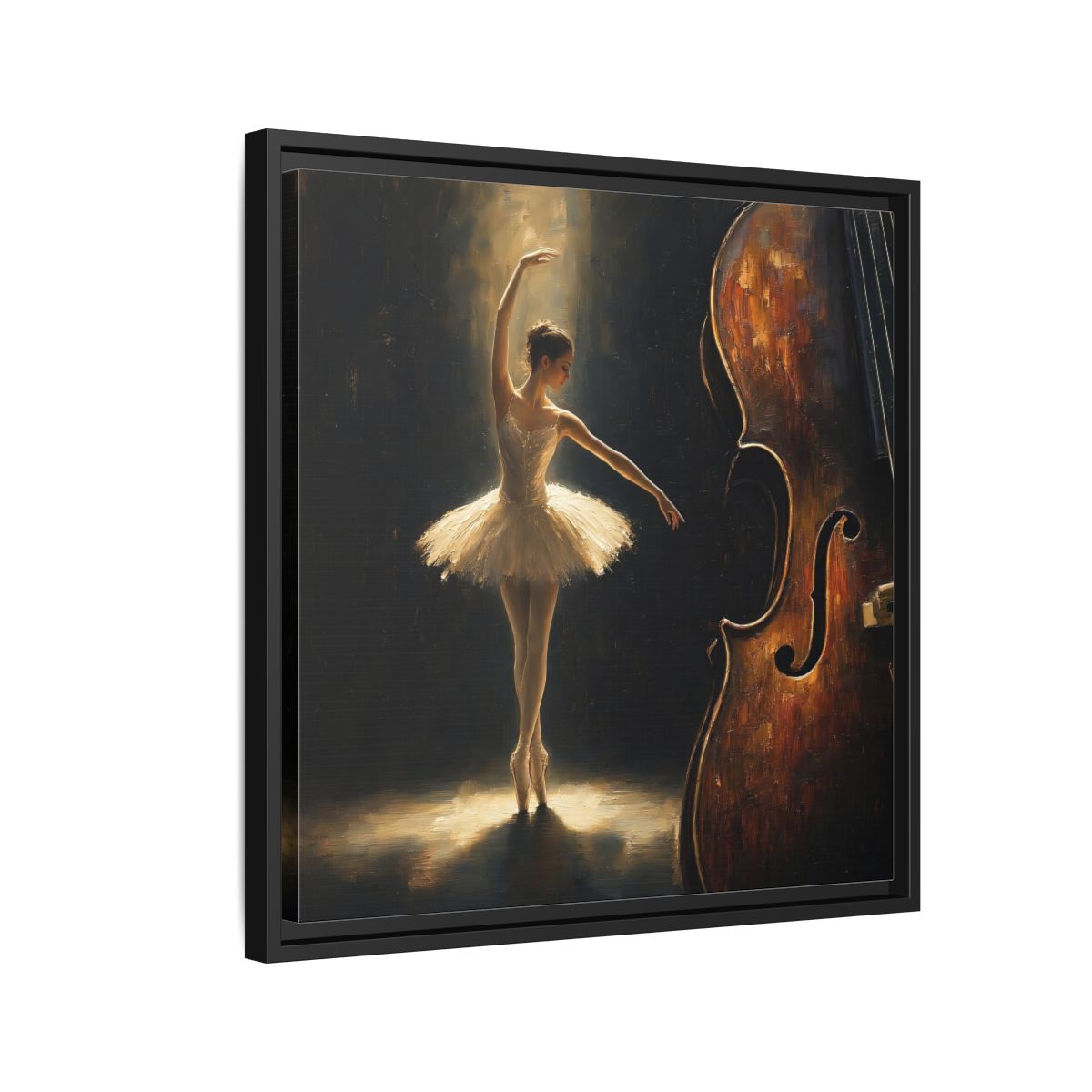 Side Mockup 12. Fairytale Ballerina Brown And Gold shown as framed canvas print