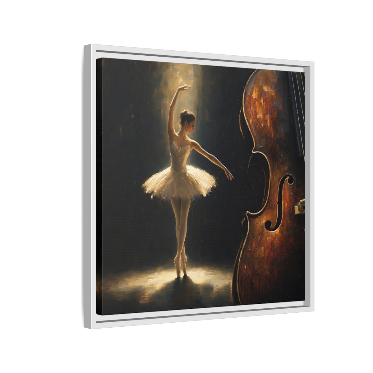 Side Mockup 10. Fairytale Ballerina Brown And Gold shown as framed canvas print