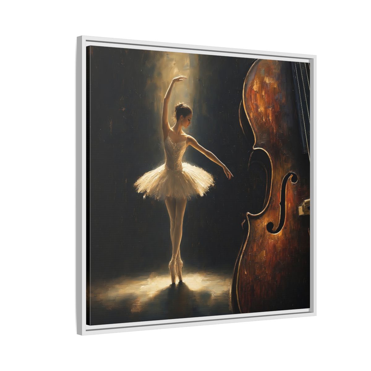 Side Mockup 7. Fairytale Ballerina Brown And Gold shown as framed canvas print