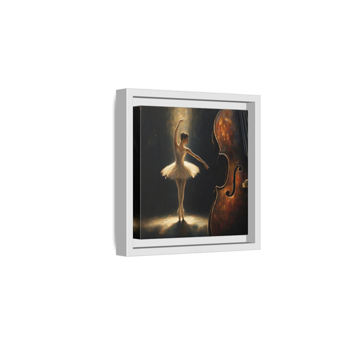 Side Mockup 1. Fairytale Ballerina Brown And Gold shown as framed canvas print