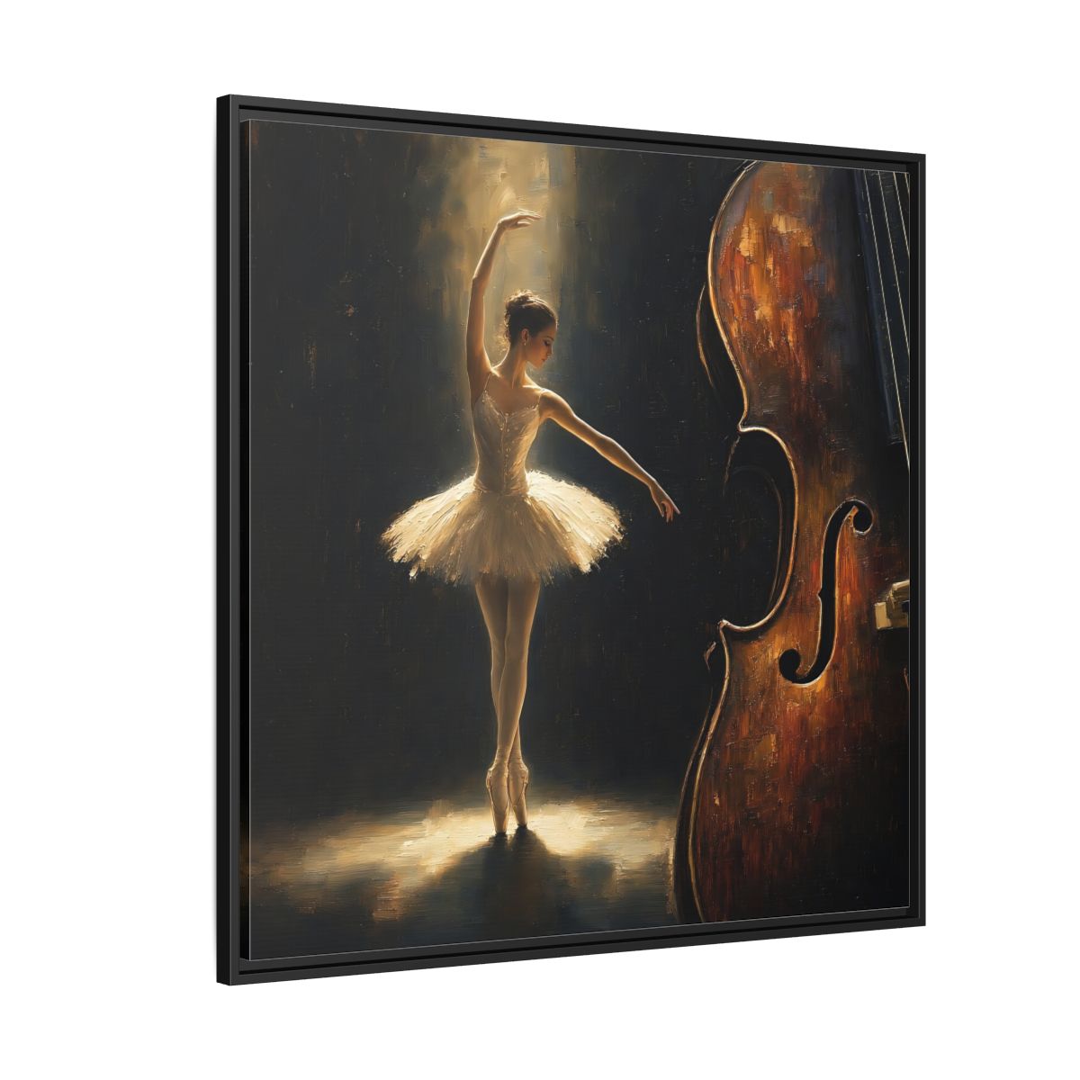 Side Mockup 6. Fairytale Ballerina Brown And Gold shown as framed canvas print