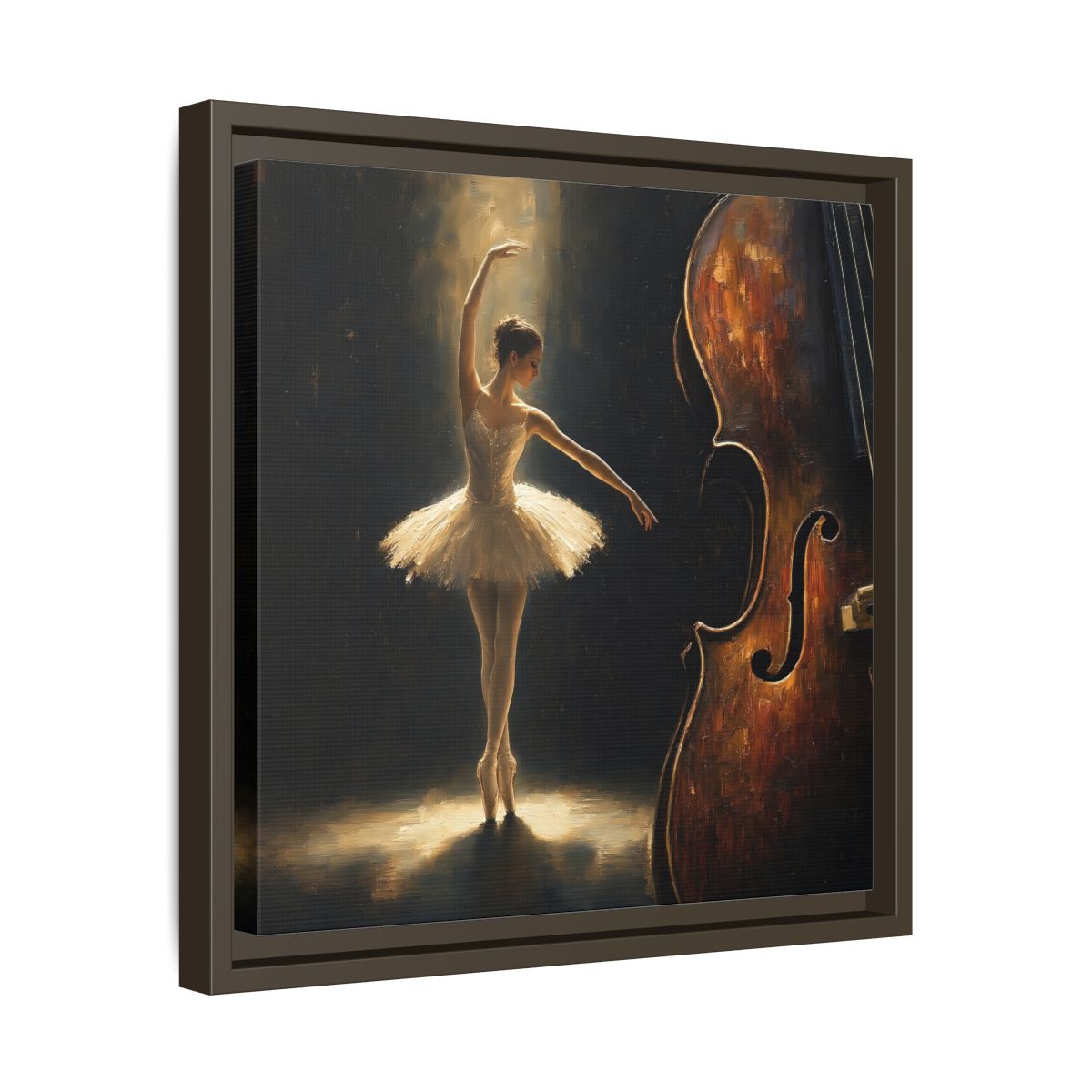 Side Mockup 29. Fairytale Ballerina Brown And Gold shown as framed canvas print