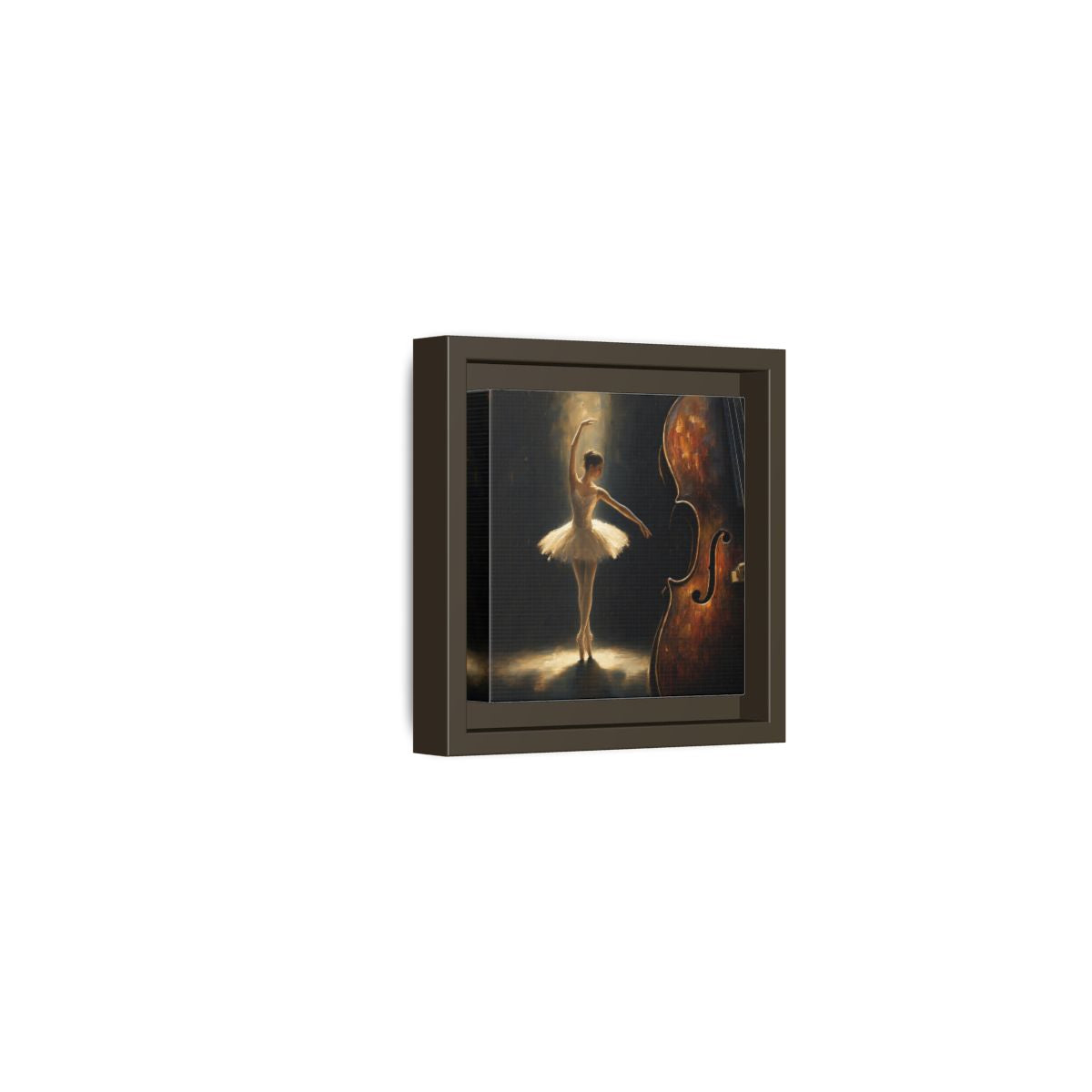 Side Mockup 23. Fairytale Ballerina Brown And Gold shown as framed canvas print
