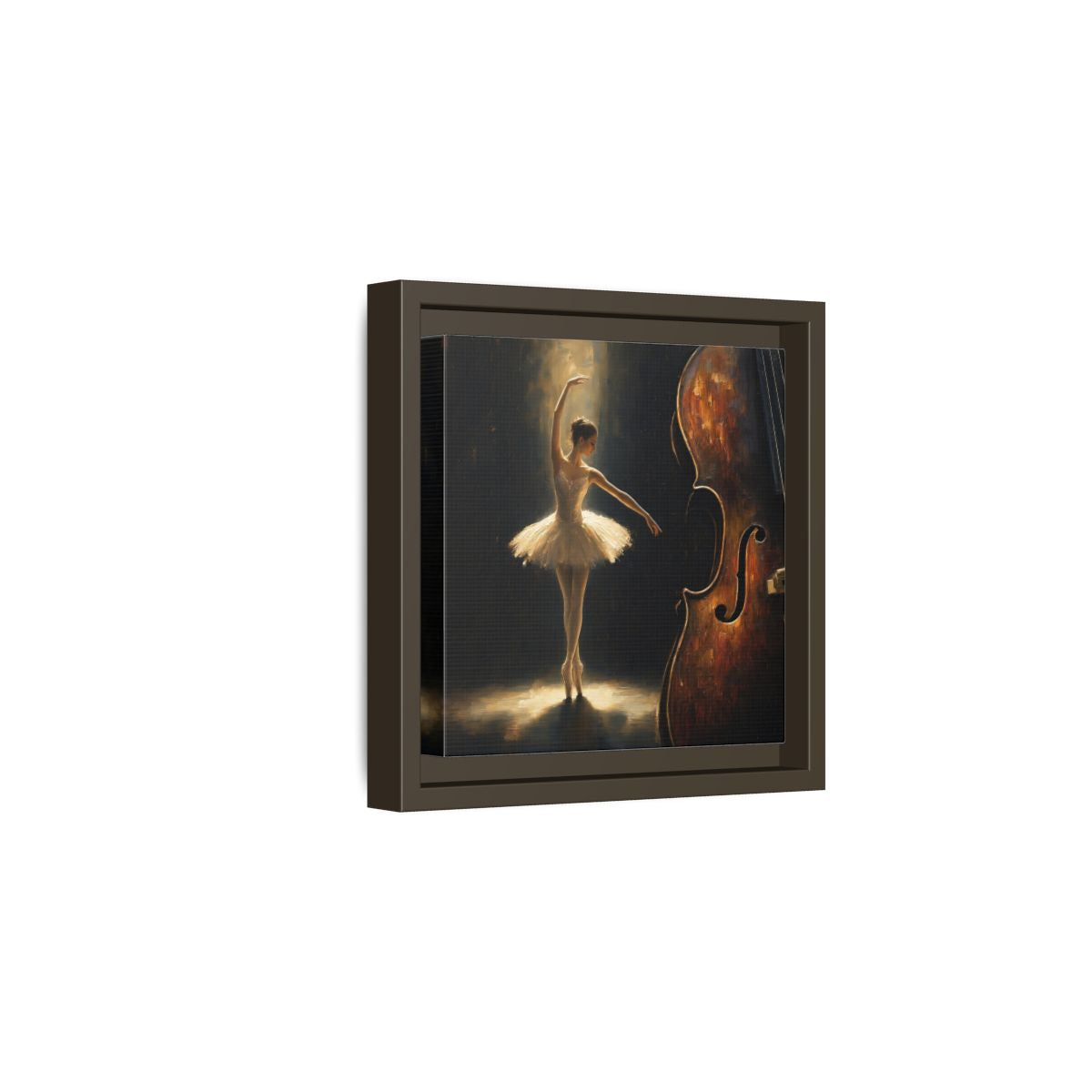 Side Mockup 2. Fairytale Ballerina Brown And Gold shown as framed canvas print