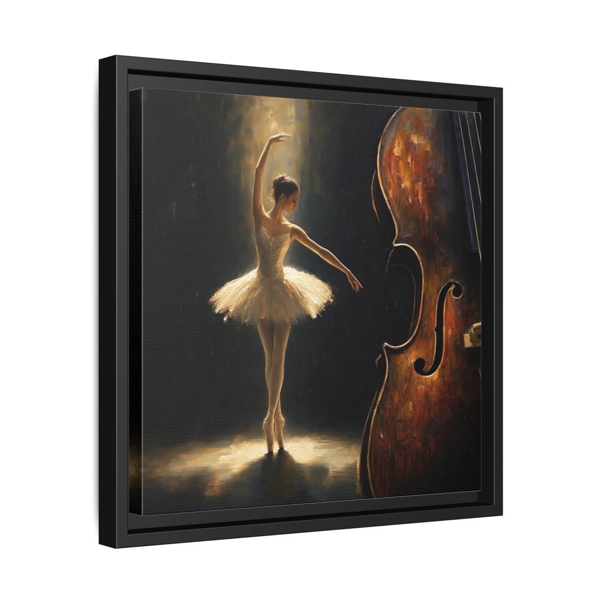 Side Mockup 32. Fairytale Ballerina Brown And Gold shown as framed canvas print